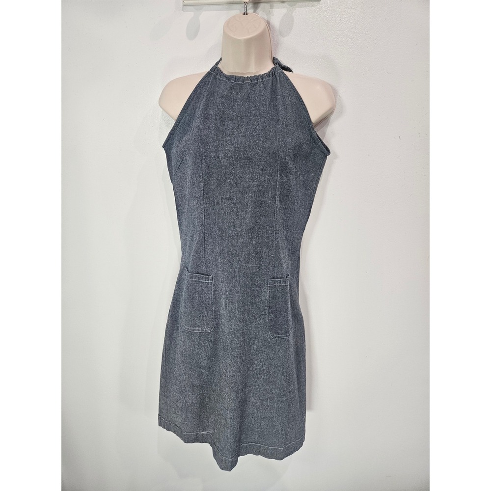 G.H. Bass Women Blue Denim Halter Neck Dress Size 6 A-Line Pockets Sleeveless